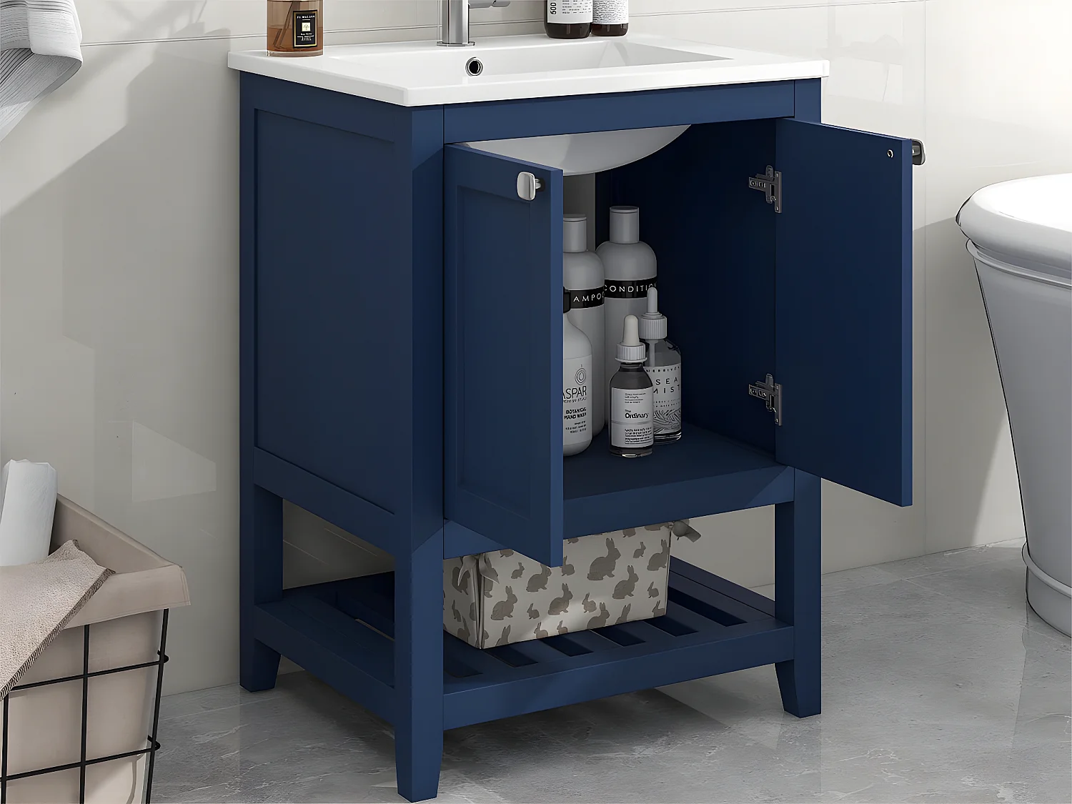 Badkamermeubel met keramische wastafel - 2 deuren en plank onderaan - Blauw (kraan niet inbegrepen)