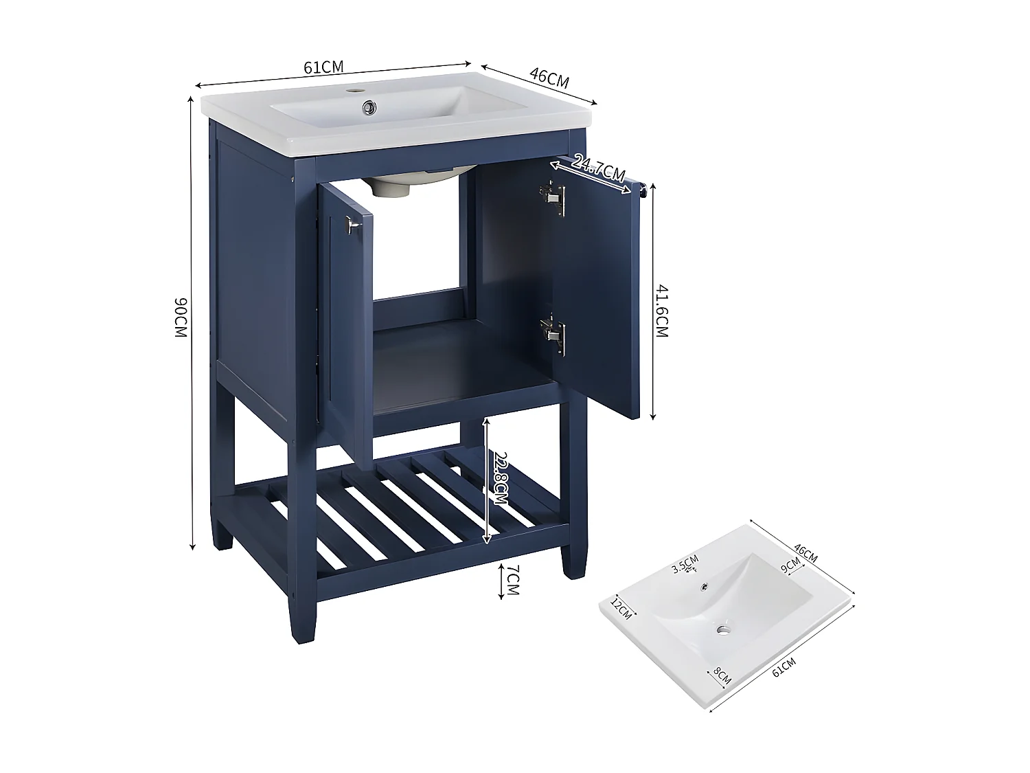 Badkamermeubel met keramische wastafel - 2 deuren en plank onderaan - Blauw (kraan niet inbegrepen)