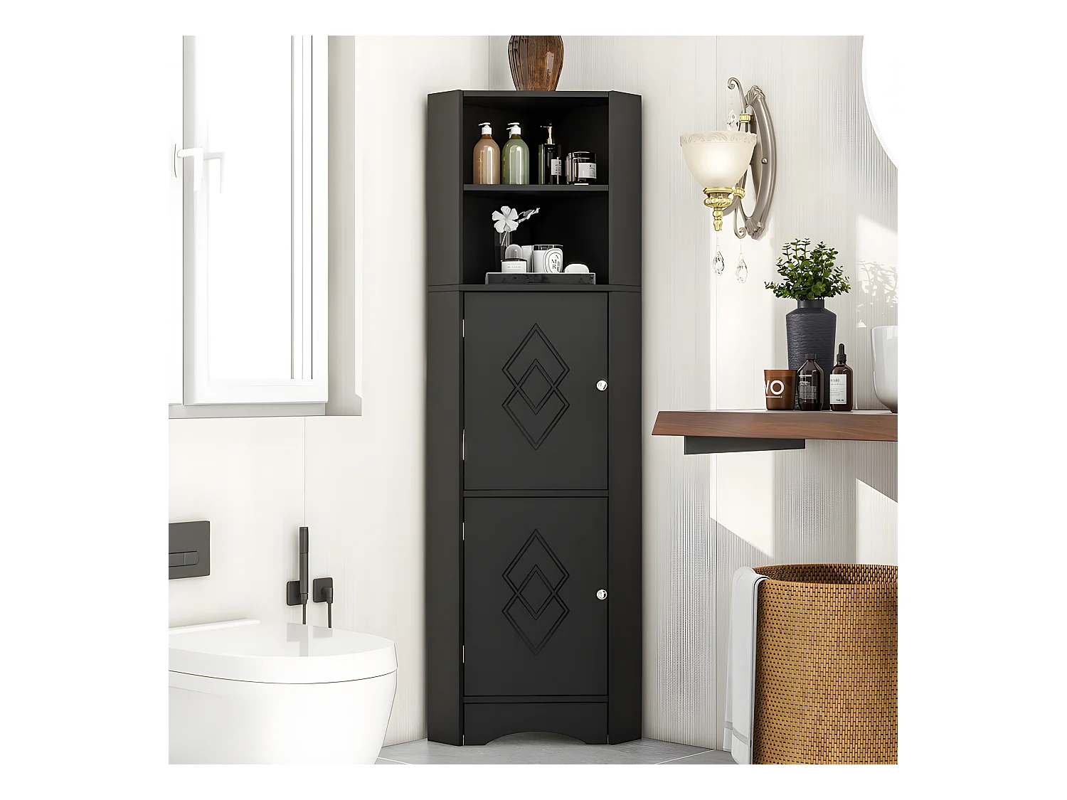 Colone d'angle de salle de bain - 2 compartiments ouverts et 2 portes - étagères réglables - Noir