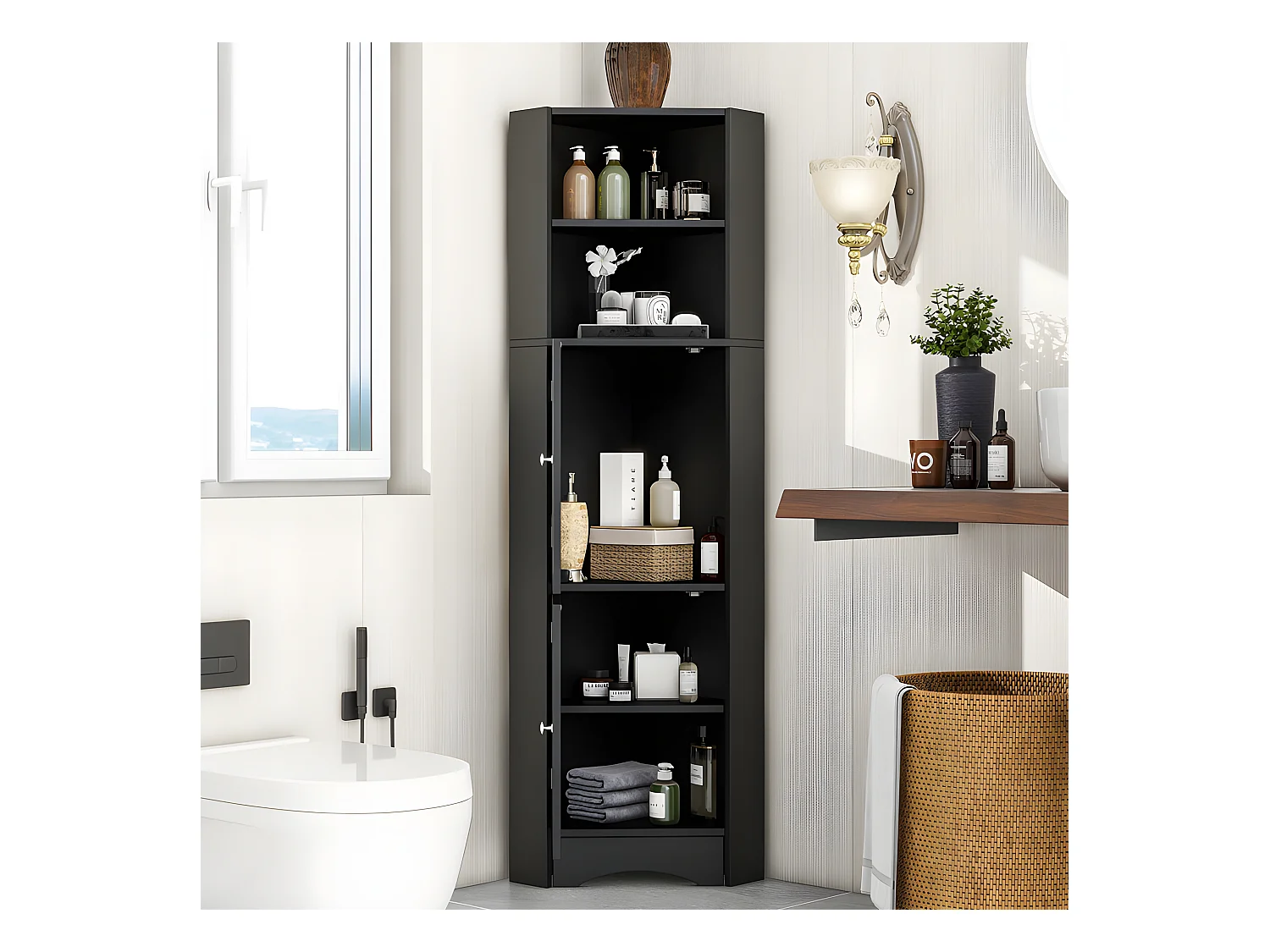 Columna de esquina para baño - 2 compartimentos abiertos y 2 puertas - estantes ajustables - Negro