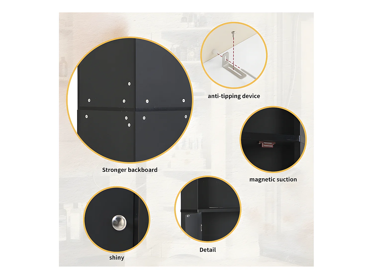 Columna de esquina para baño - 2 compartimentos abiertos y 2 puertas - estantes ajustables - Negro