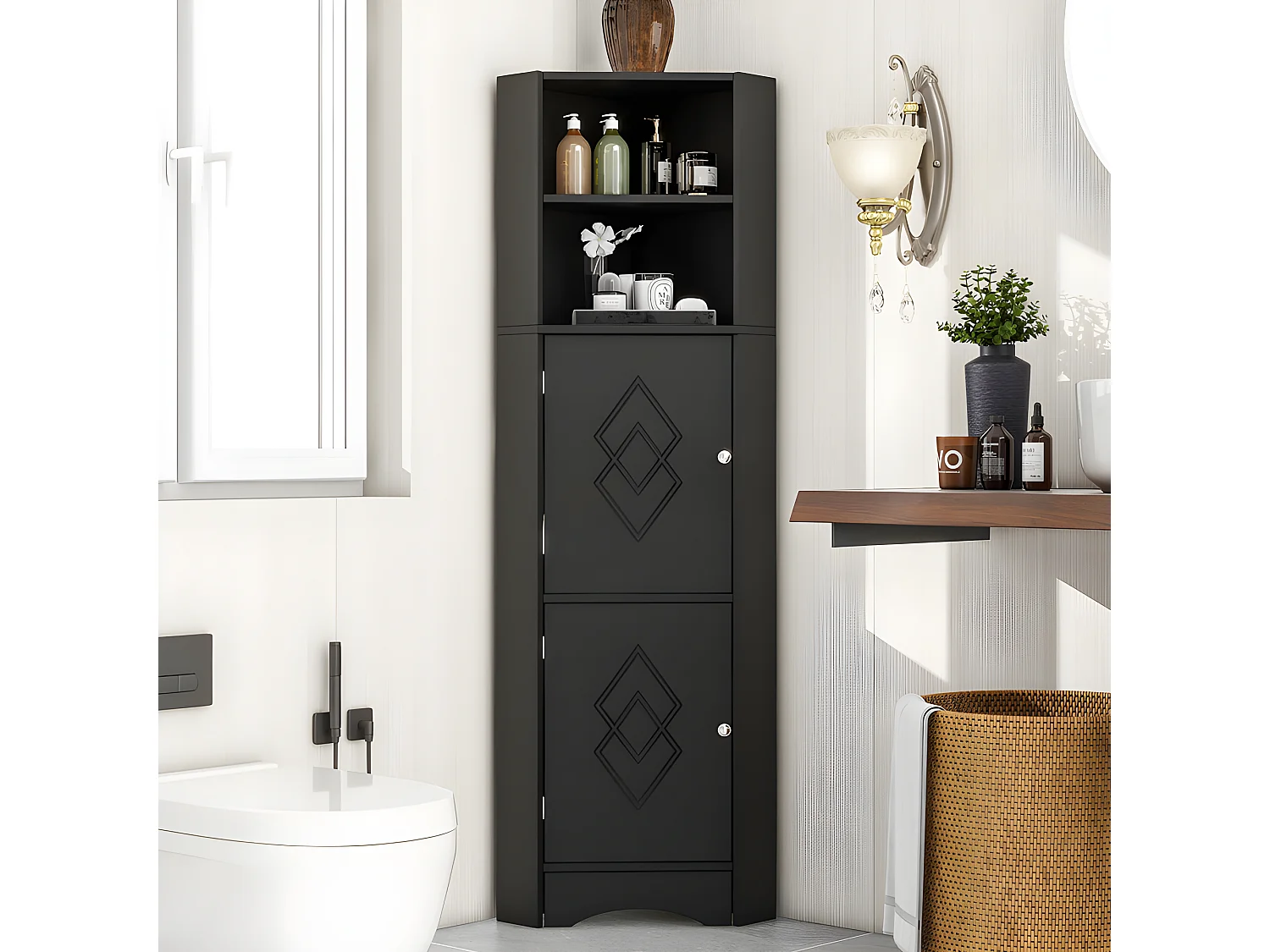 Colone d'angle de salle de bain - 2 compartiments ouverts et 2 portes - étagères réglables - Noir