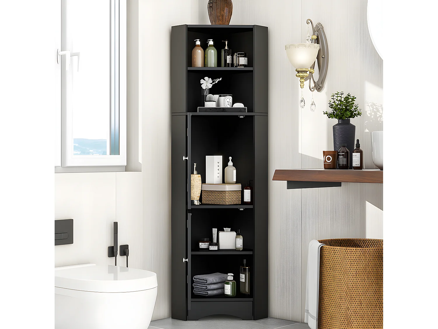 Colone d'angle de salle de bain - 2 compartiments ouverts et 2 portes - étagères réglables - Noir