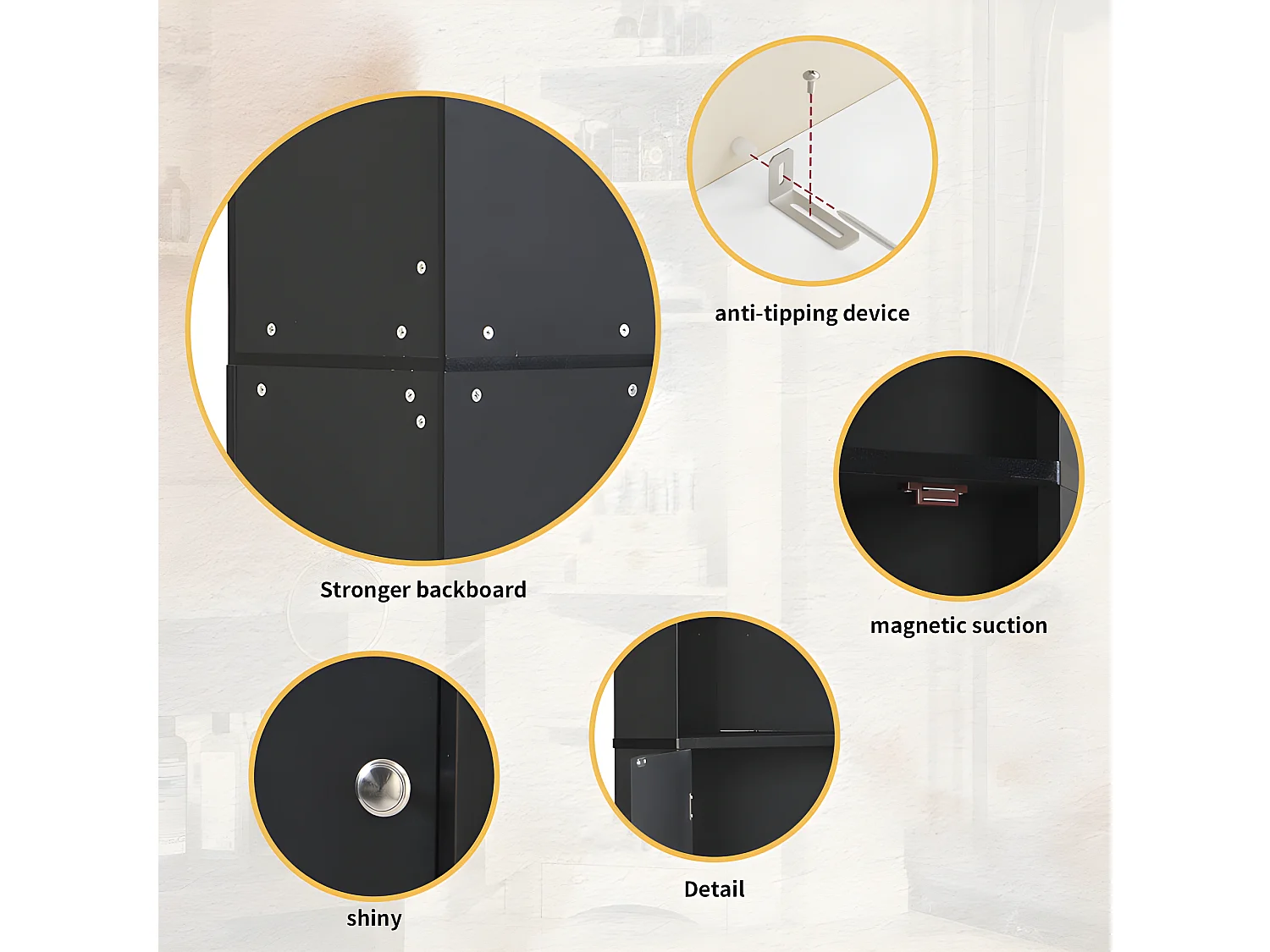 Colone d'angle de salle de bain - 2 compartiments ouverts et 2 portes - étagères réglables - Noir