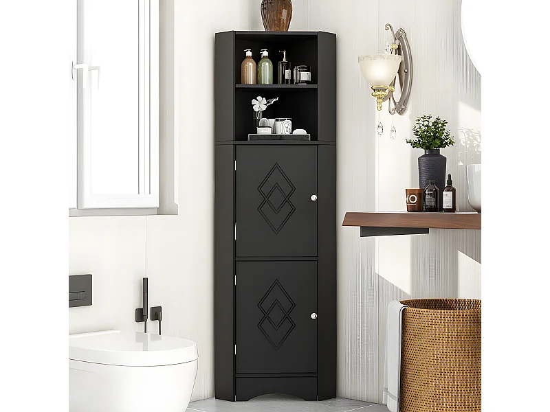 Colone d'angle de salle de bain - 2 compartiments ouverts et 2 portes - étagères réglables - Noir