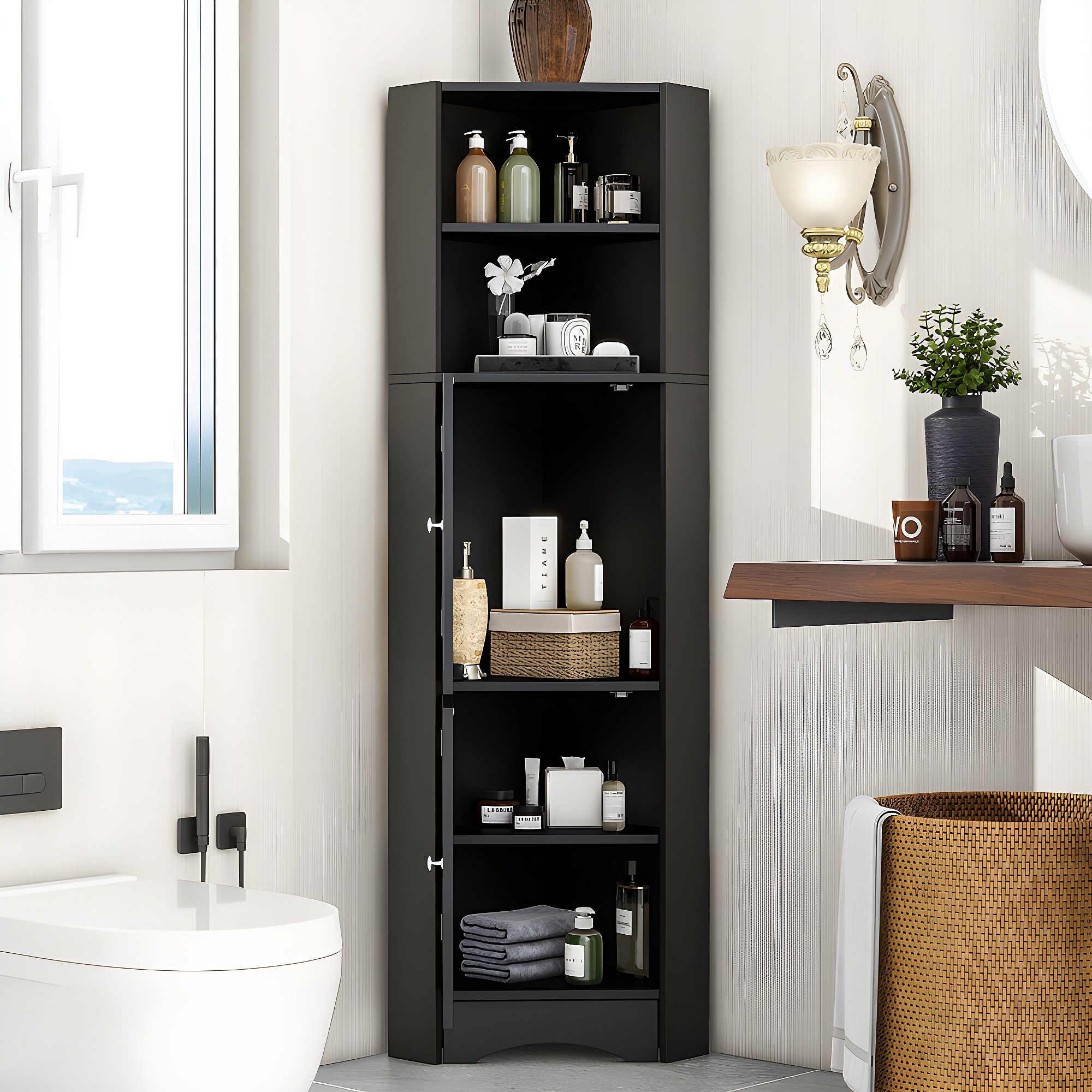 Armoire De Rangement Haute Pour Salle De Bain - Portes En Acrylique, étagères Réglables - Design Gain De Place - Noir 40x30x170 Cm