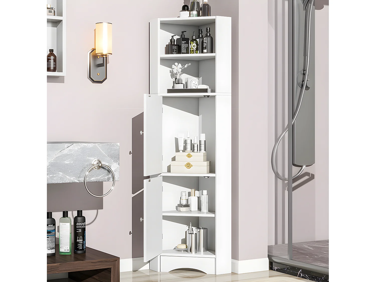 Colone d'angle de salle de bain - 2 compartiments ouverts et 2 portes - étagères réglables - Blanc