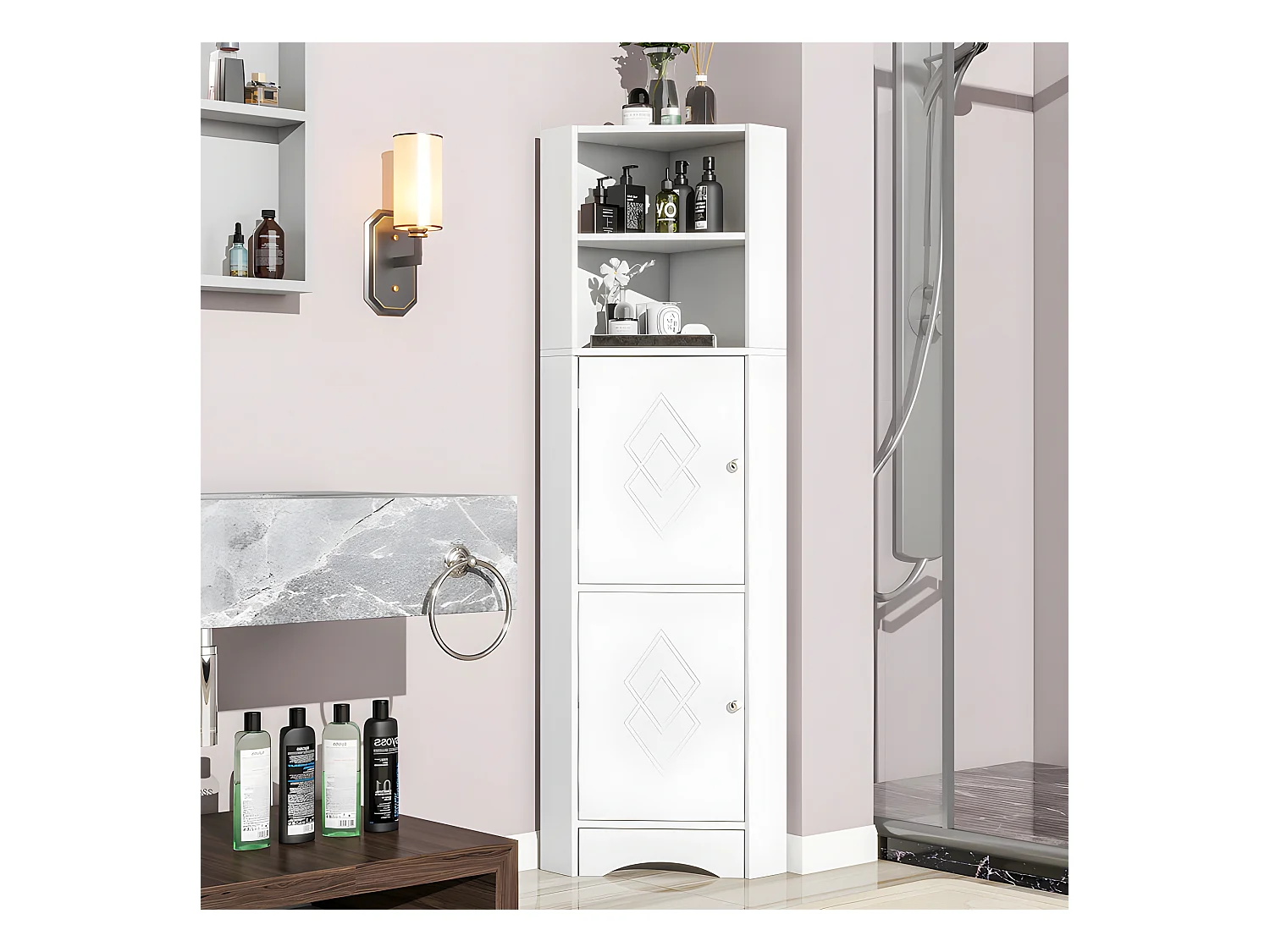 Colone d'angle de salle de bain - 2 compartiments ouverts et 2 portes - étagères réglables - Blanc