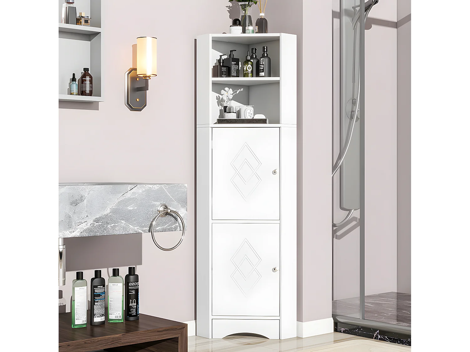 Badezimmer-Ecksäule – 2 offene Fächer und 2 Türen – verstellbare Einlegeböden – Weiß