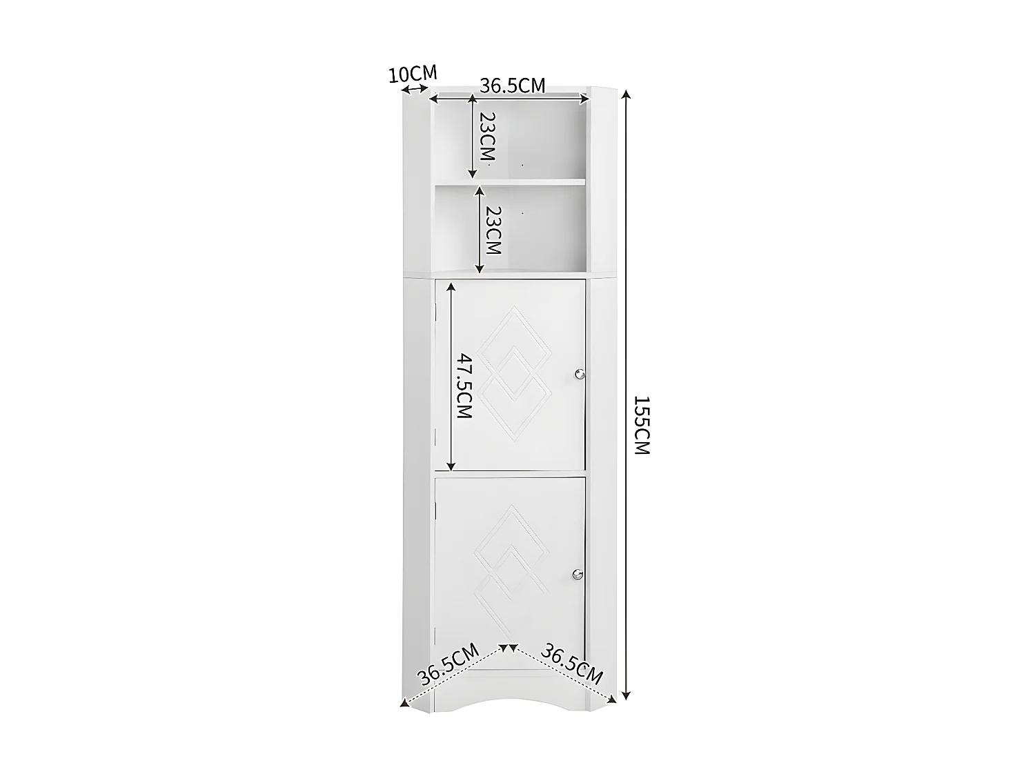 Badezimmer-Ecksäule – 2 offene Fächer und 2 Türen – verstellbare Einlegeböden – Weiß