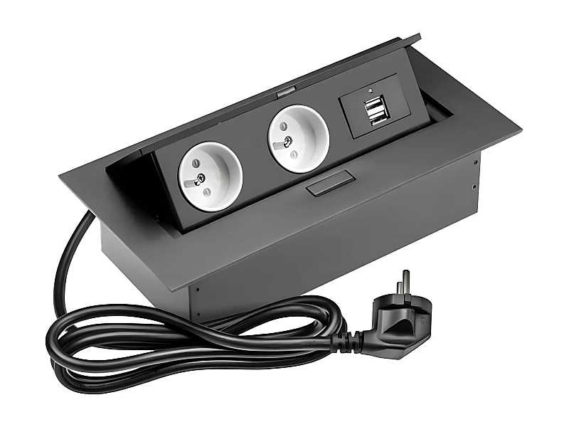 Bloc prise à encastrer   2 prises  et 2 usb, NOIR