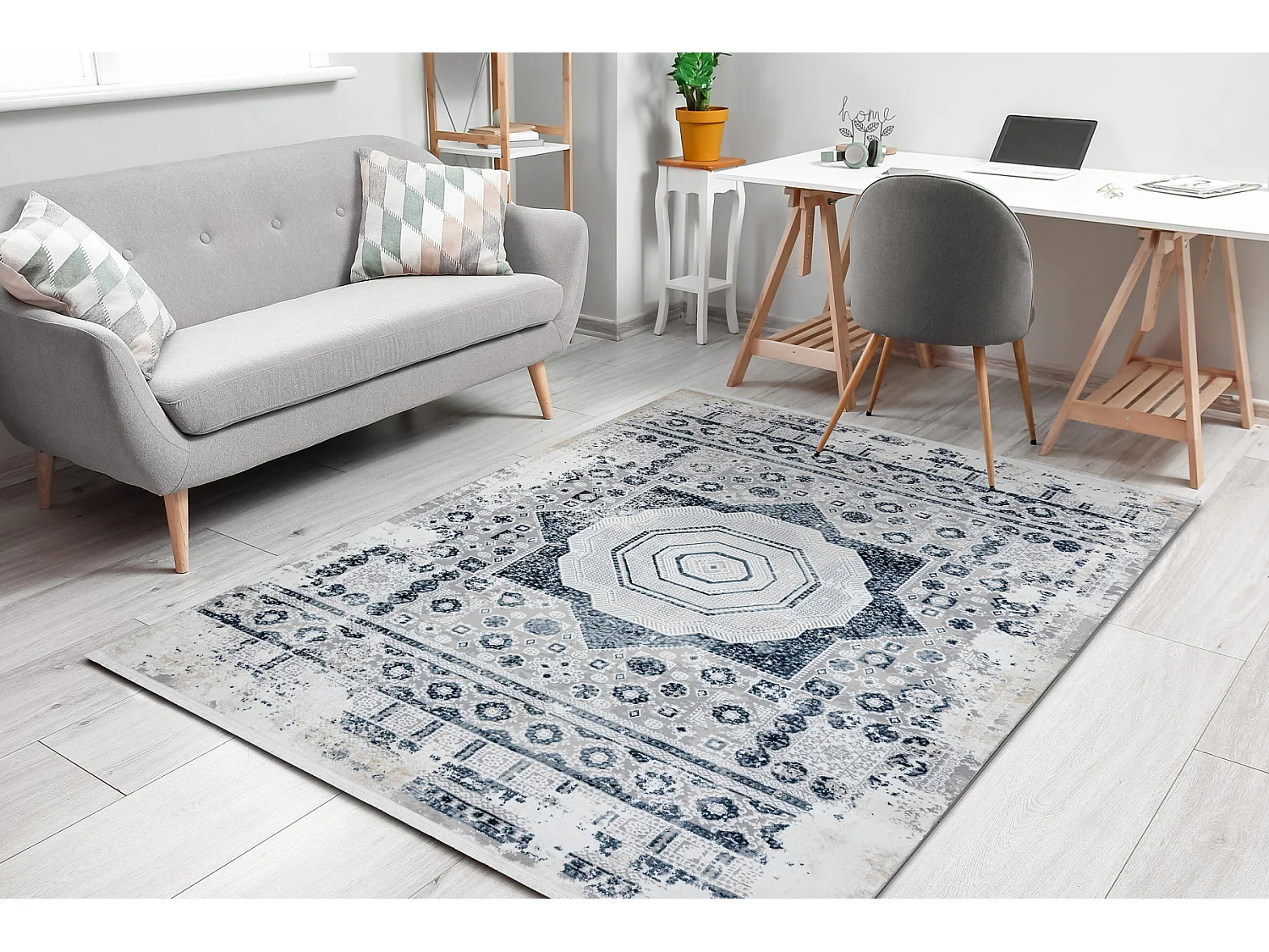 Modern tapijt DUKE 51542 crème / blauw - Rozet vintage, gestructureer 280x370 cm