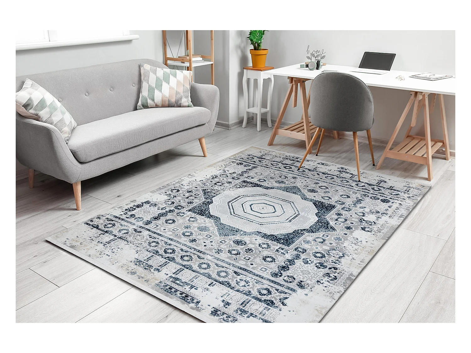 Modern tapijt DUKE 51542 crème / blauw - Rozet vintage, gestructureer 280x370 cm