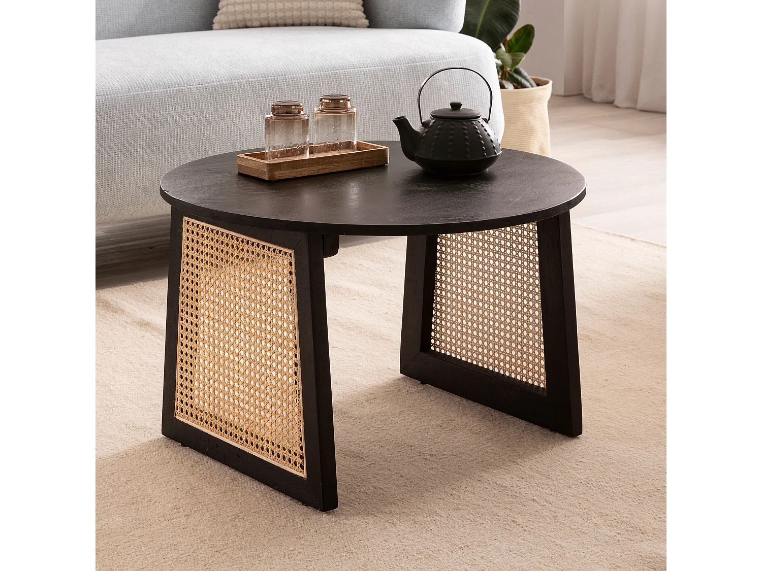 Couchtisch Sofatisch Massivholz Rattan 65x65x40 cm Wiener Geflecht Rund