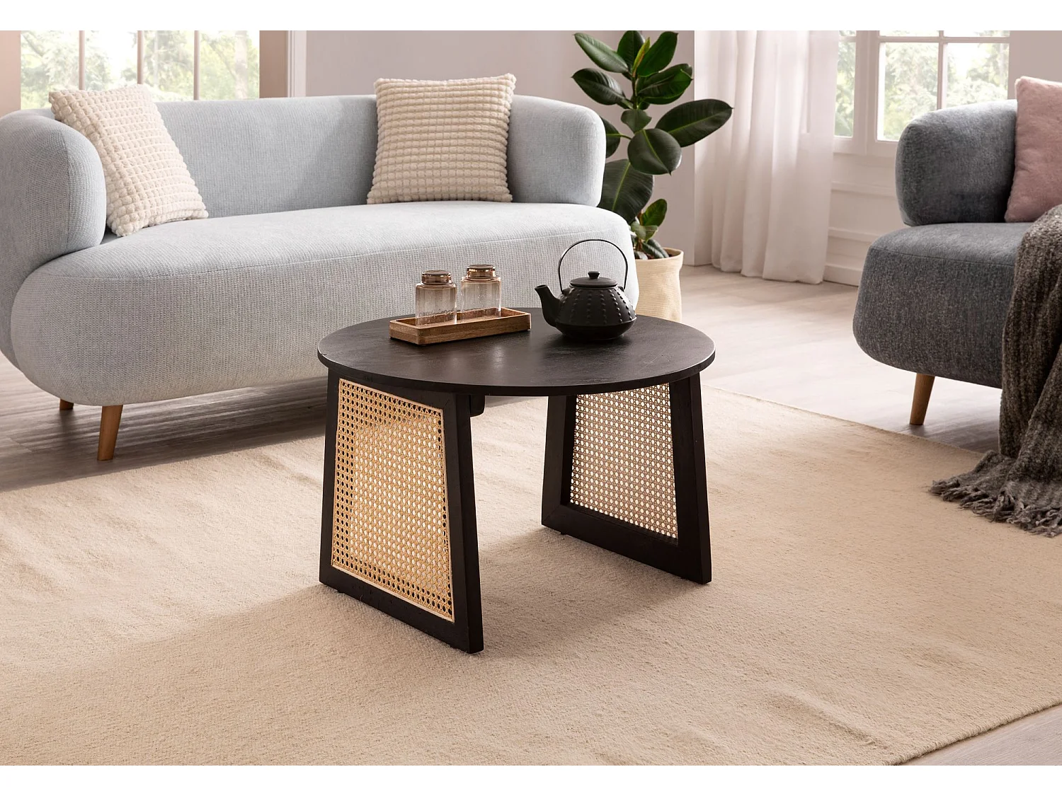 Couchtisch Sofatisch Massivholz Rattan 65x65x40 cm Wiener Geflecht Rund