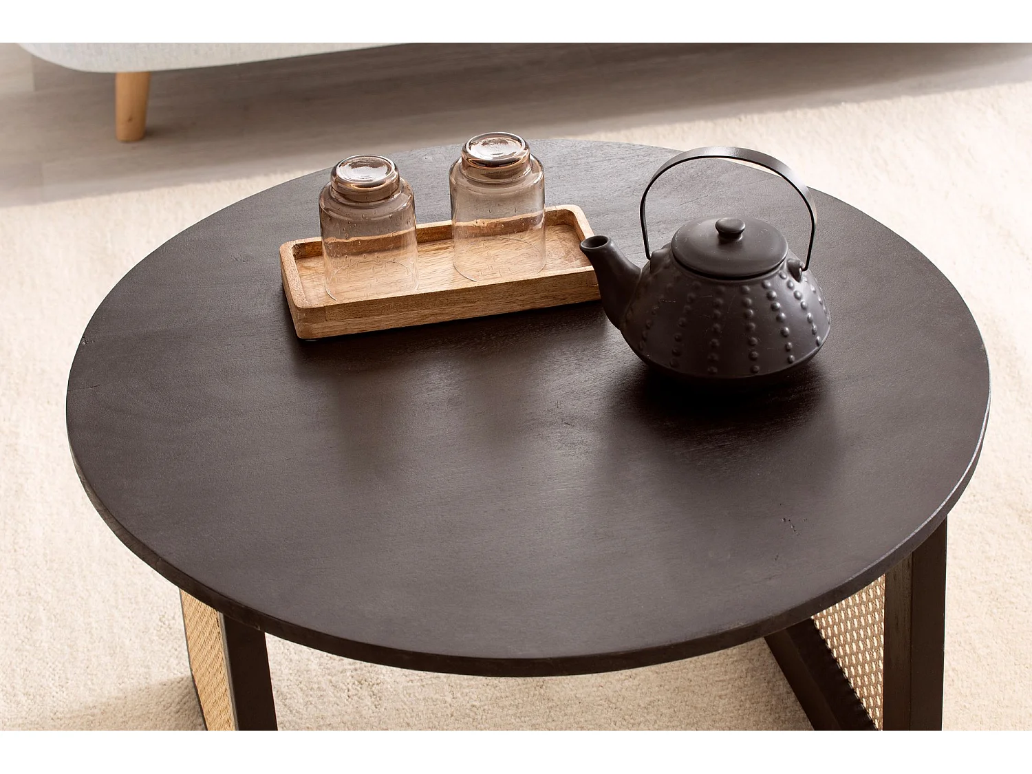 Couchtisch Sofatisch Massivholz Rattan 65x65x40 cm Wiener Geflecht Rund