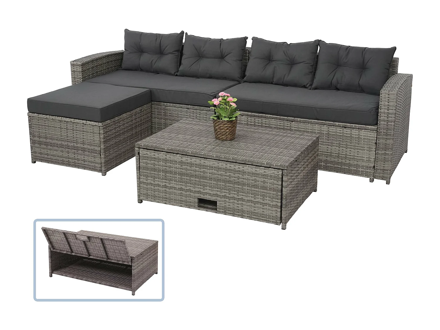 Poly-rattan set MCW-J34 (4-delig),  grijs, donkergrijze kussens