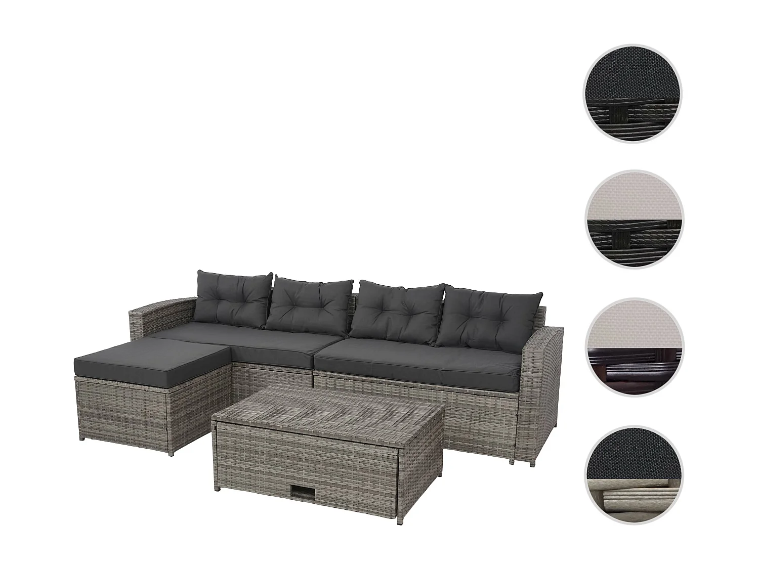 Poly-rattan set MCW-J34 (4-delig),  grijs, donkergrijze kussens