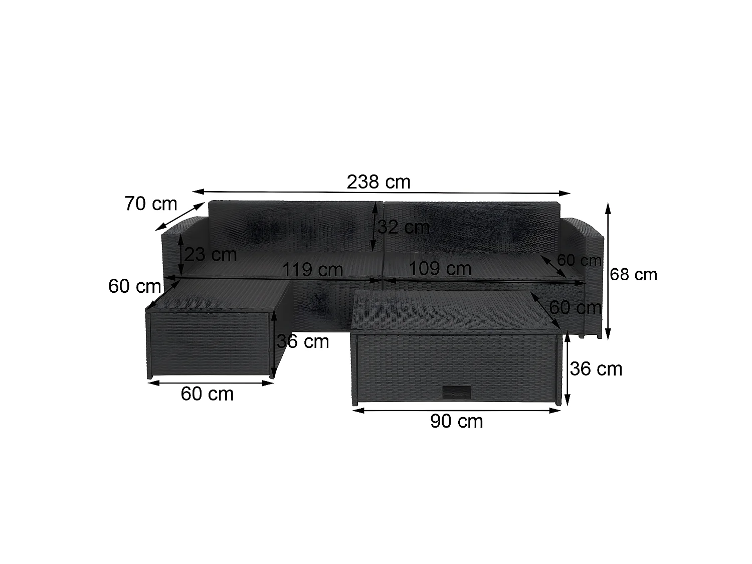 Ensemble en poly rotin MCW-J34 (4 pièces),  gris, coussins gris foncé