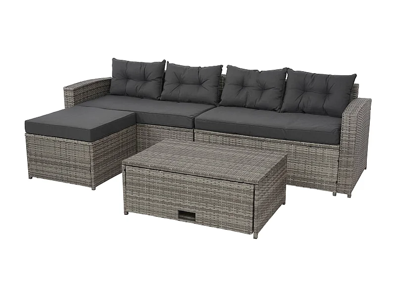 Ensemble en poly rotin MCW-J34 (4 pièces),  gris, coussins gris foncé