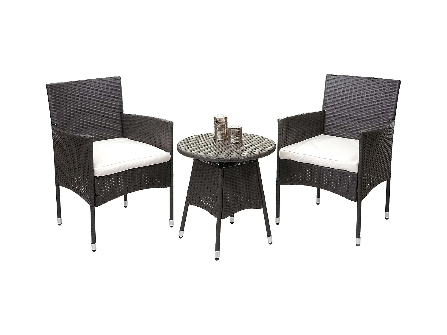 Set de balcon en poly rotin MCW-G27 (3 pièces),  gris, coussin crème