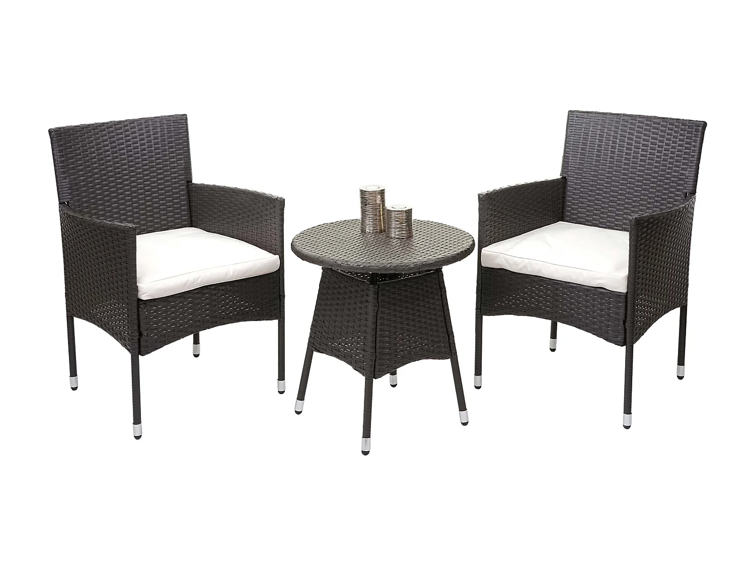 Set de balcon en poly rotin MCW-G27 (3 pièces),  gris, coussin crème