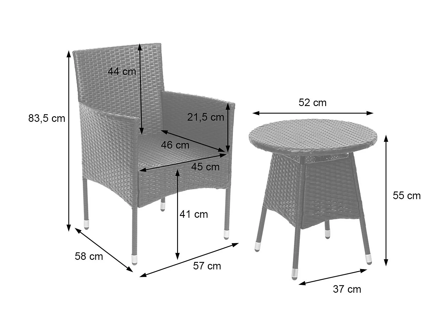 Set de balcon en poly rotin MCW-G27 (3 pièces),  gris, coussin crème