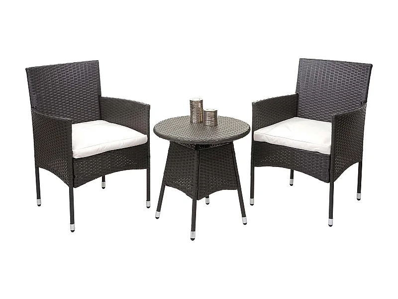 Polyrotan balkonset MCW-G27 (3-delig),  grijs, crèmekleurige kussens