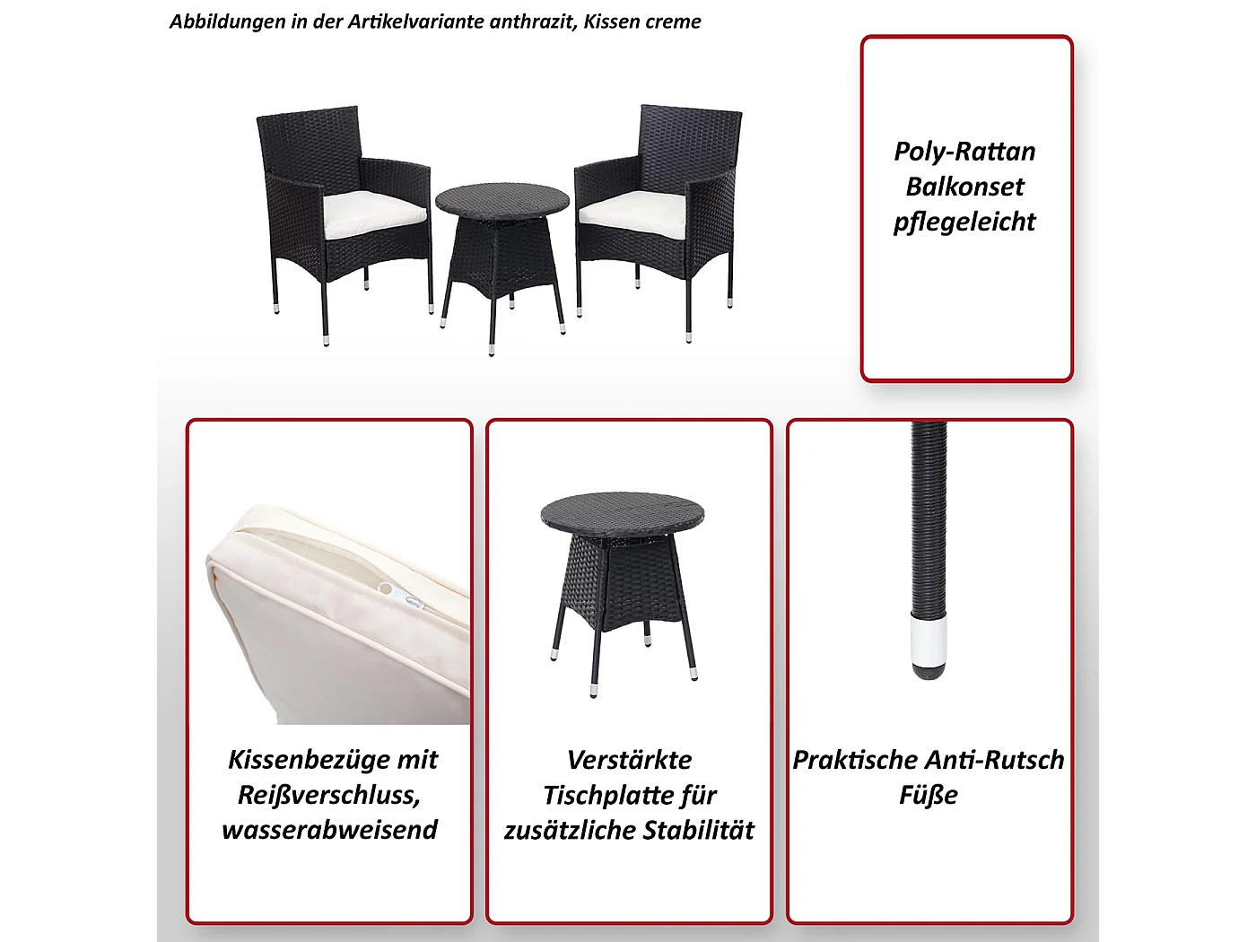 Conjunto de varanda em poli-rattan MCW-G27 (3 peças),  antracite, almofadas creme