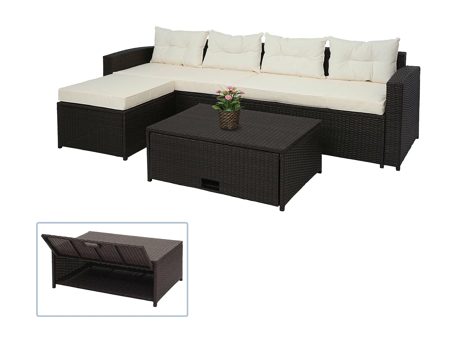 Poly-rattan set MCW-J34 (4-delig),  bruin, kussens crème-beige