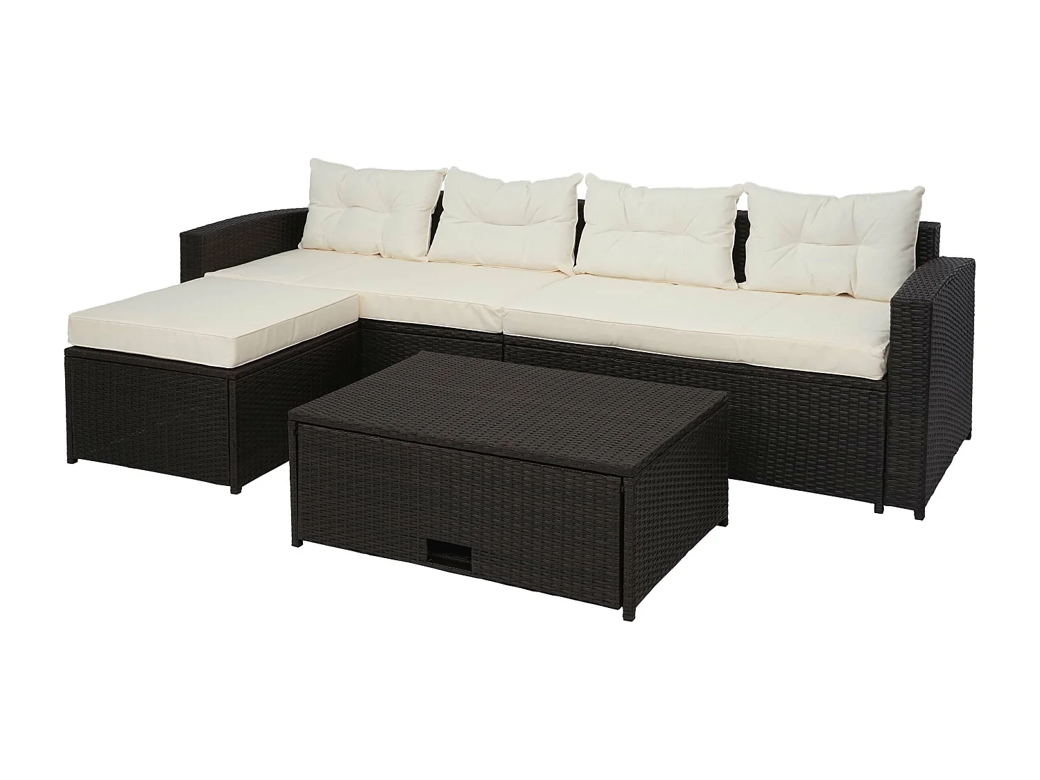 Ensemble en poly rotin MCW-J34 (4 pièces),  brun, coussins crème-beige