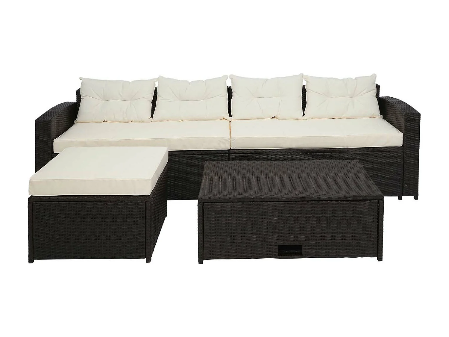 Ensemble en poly rotin MCW-J34 (4 pièces),  brun, coussins crème-beige