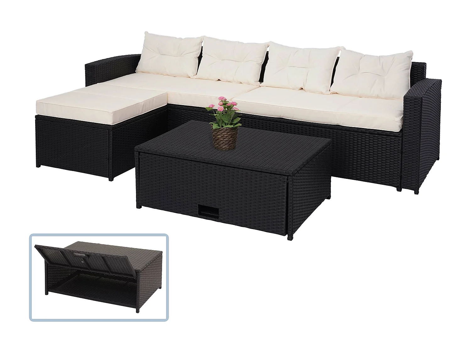 Set salotto giardino esterno salottino MCW-J34 polyrattan nero con cuscini avorio beige