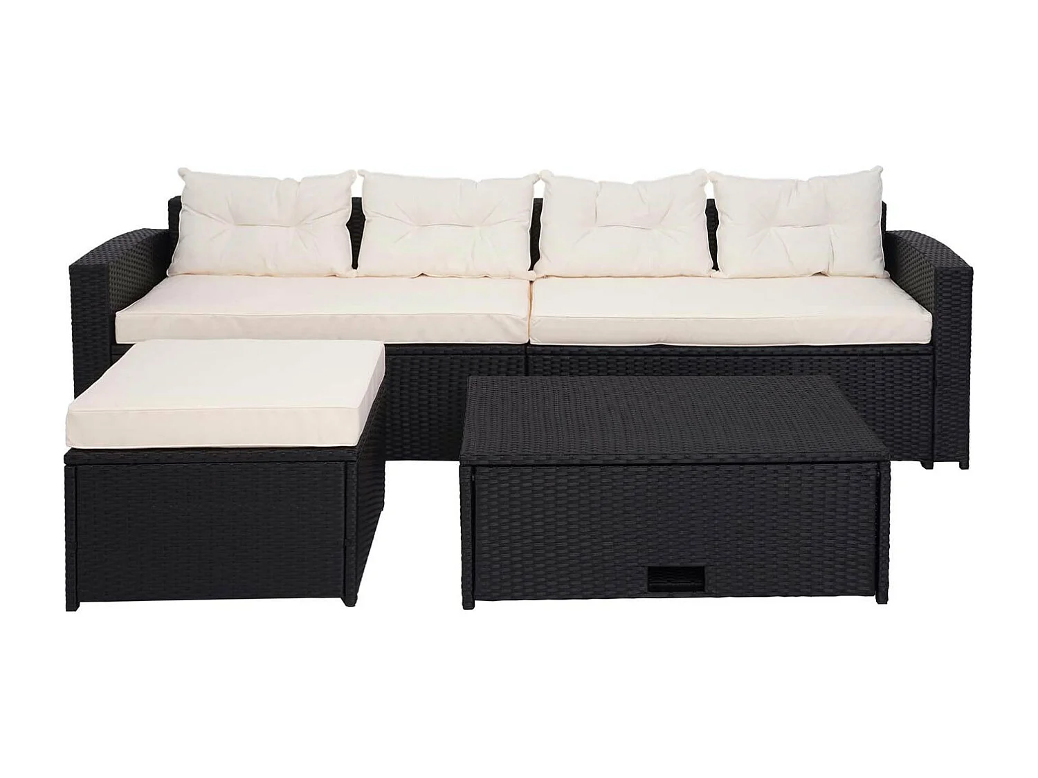 Set salotto giardino esterno salottino MCW-J34 polyrattan nero con cuscini avorio beige