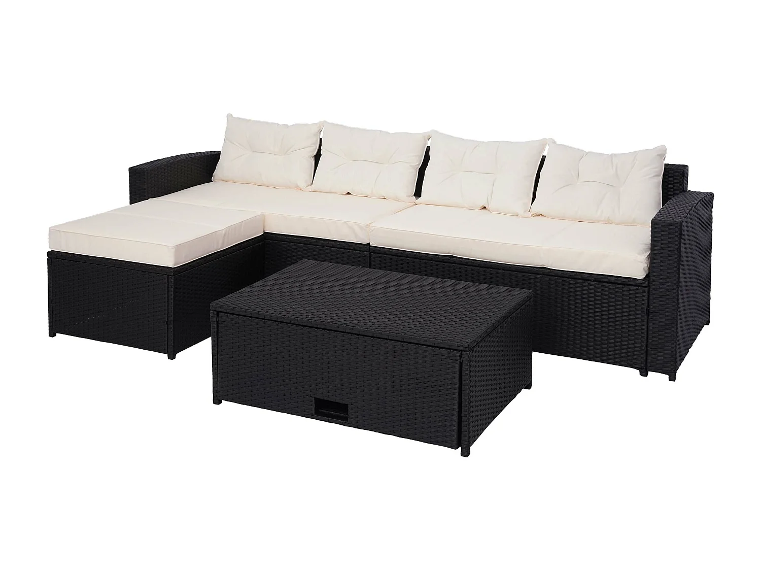 Ensemble en poly rotin MCW-J34 (4 pièces),  noir, coussins crème-beige