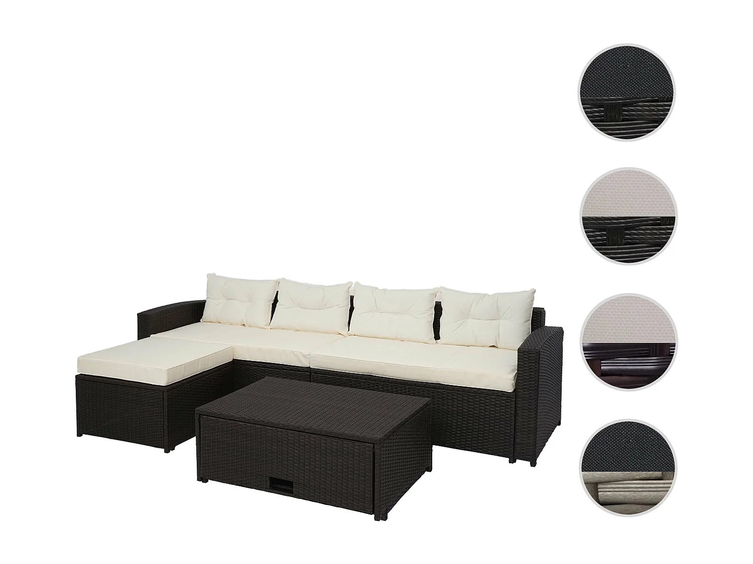 Ensemble en poly rotin MCW-J34 (4 pièces),  noir, coussins crème-beige