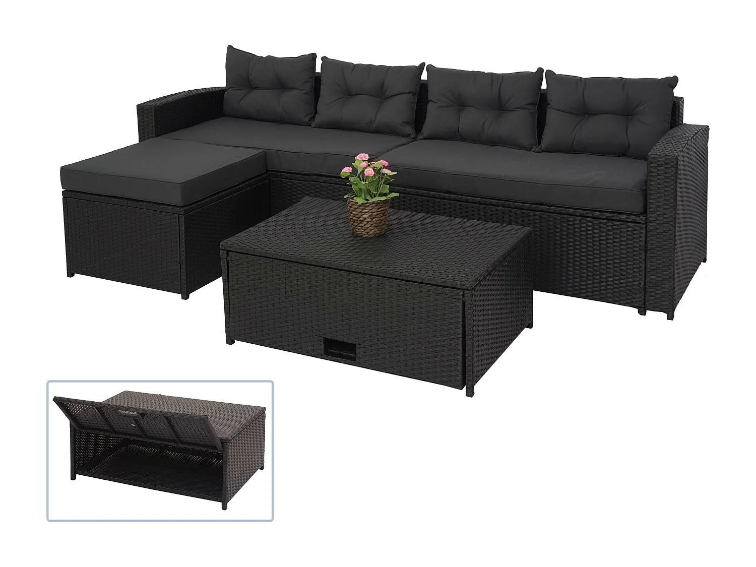 Poly-rattan set MCW-J34 (4-delig),  zwart, donkergrijze kussens