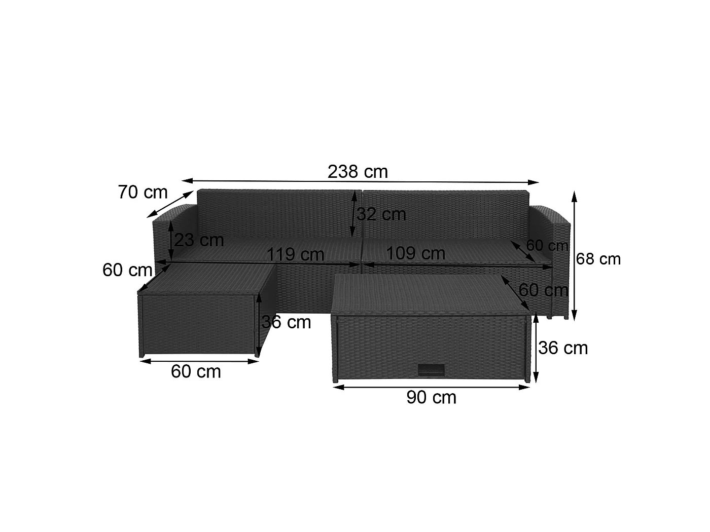 Ensemble en poly rotin MCW-J34 (4 pièces),  noir, coussins gris foncé