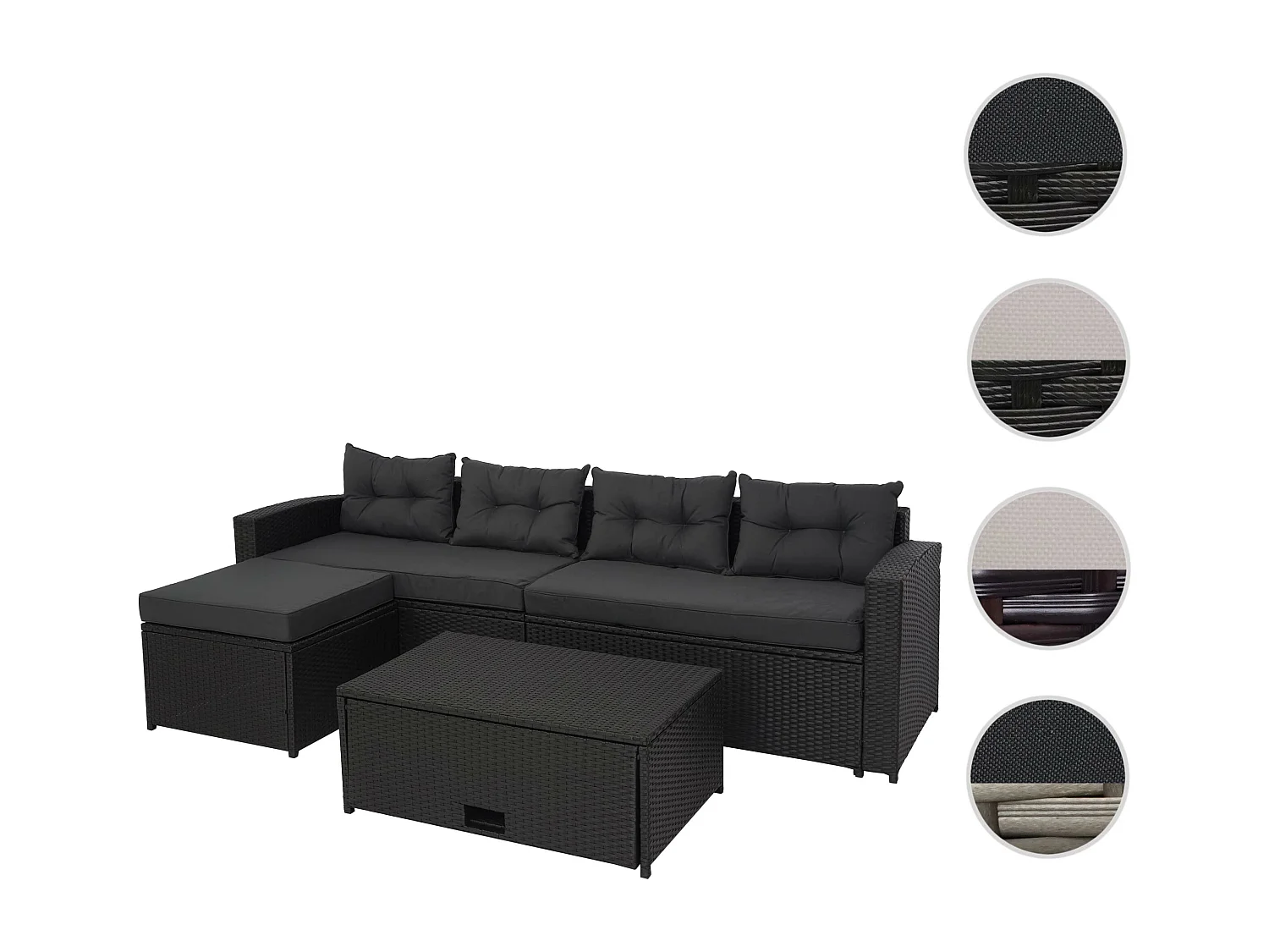 Ensemble en poly rotin MCW-J34 (4 pièces),  noir, coussins gris foncé