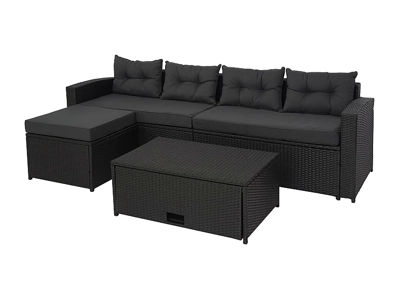 Ensemble en poly rotin MCW-J34 (4 pièces),  noir, coussins gris foncé