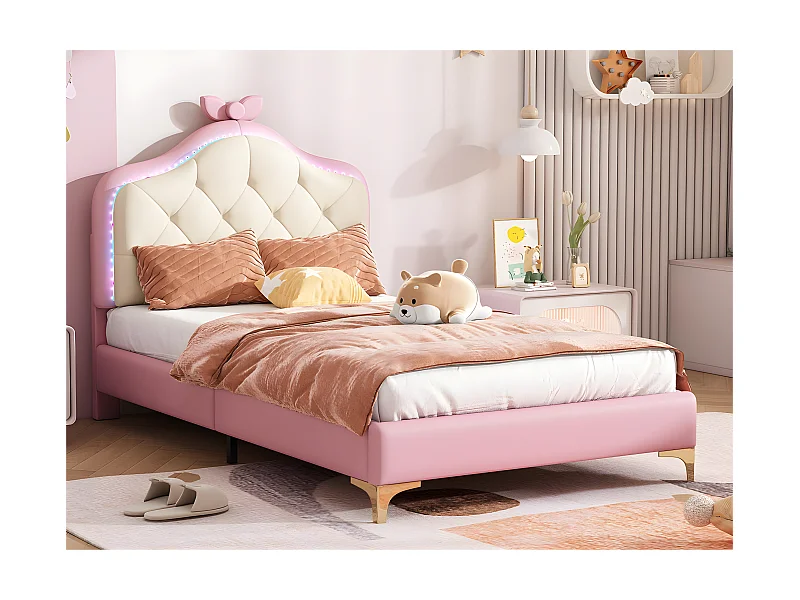 Letto per bambini imbottito con LED colorato e fiocco sulla testiera - in similpelle - 90x200 cm - con rete a doghe - Rosa