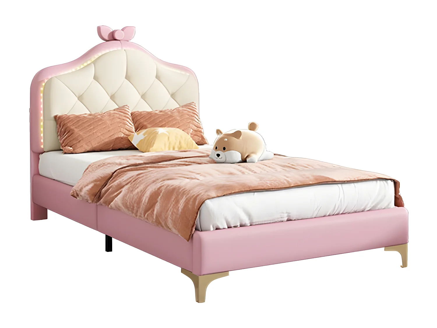 Letto per bambini imbottito con LED colorato e fiocco sulla testiera - in similpelle - 90x200 cm - con rete a doghe - Rosa