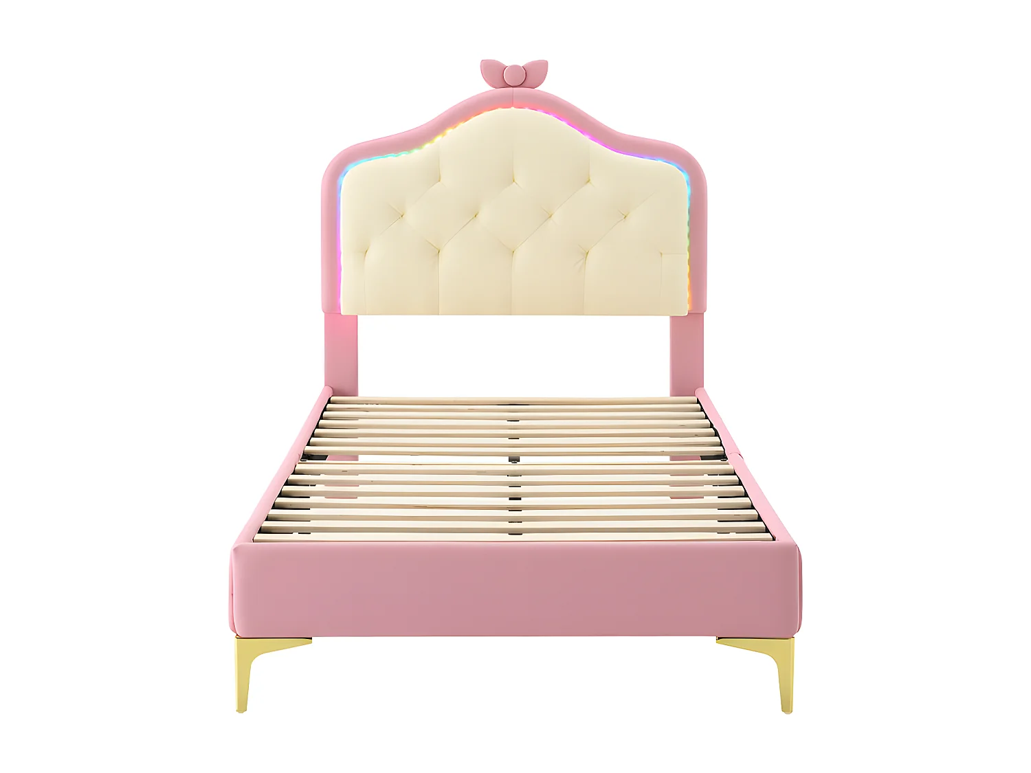 Letto per bambini imbottito con LED colorato e fiocco sulla testiera - in similpelle - 90x200 cm - con rete a doghe - Rosa