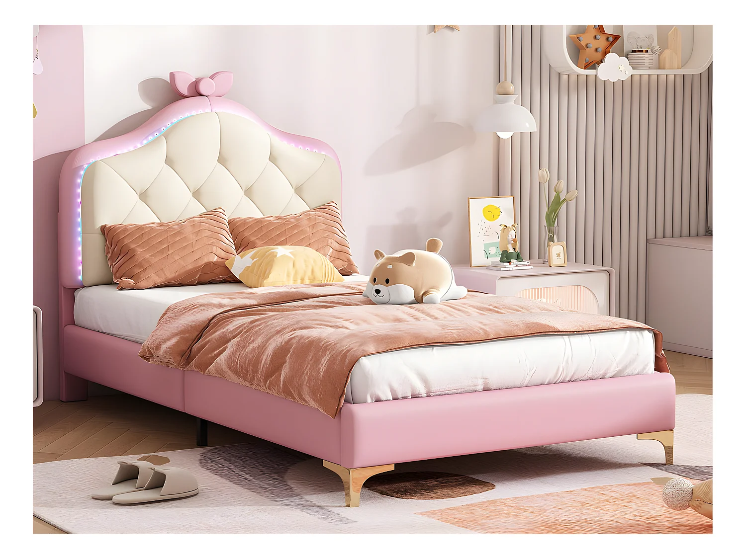 Lit enfant capitonné avec LED colorée et nœud sur la tête - en similicuir - 90x200cm - avec sommier à lattes - Rose