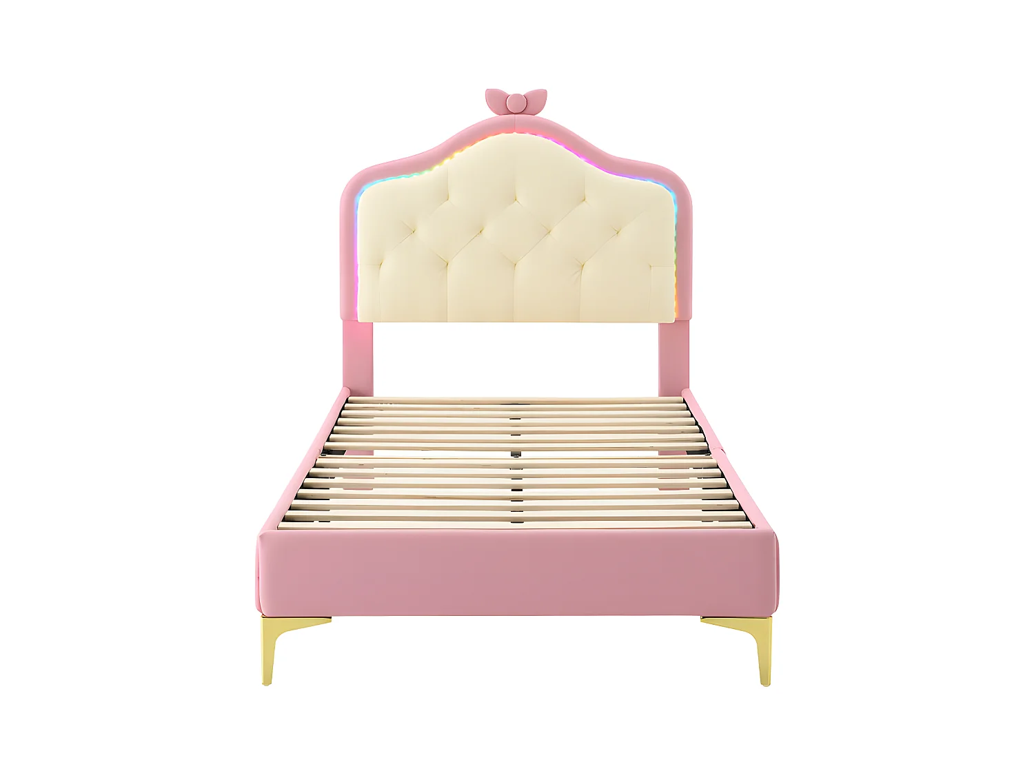 Lit enfant capitonné avec LED colorée et nœud sur la tête - en similicuir - 90x200cm - avec sommier à lattes - Rose