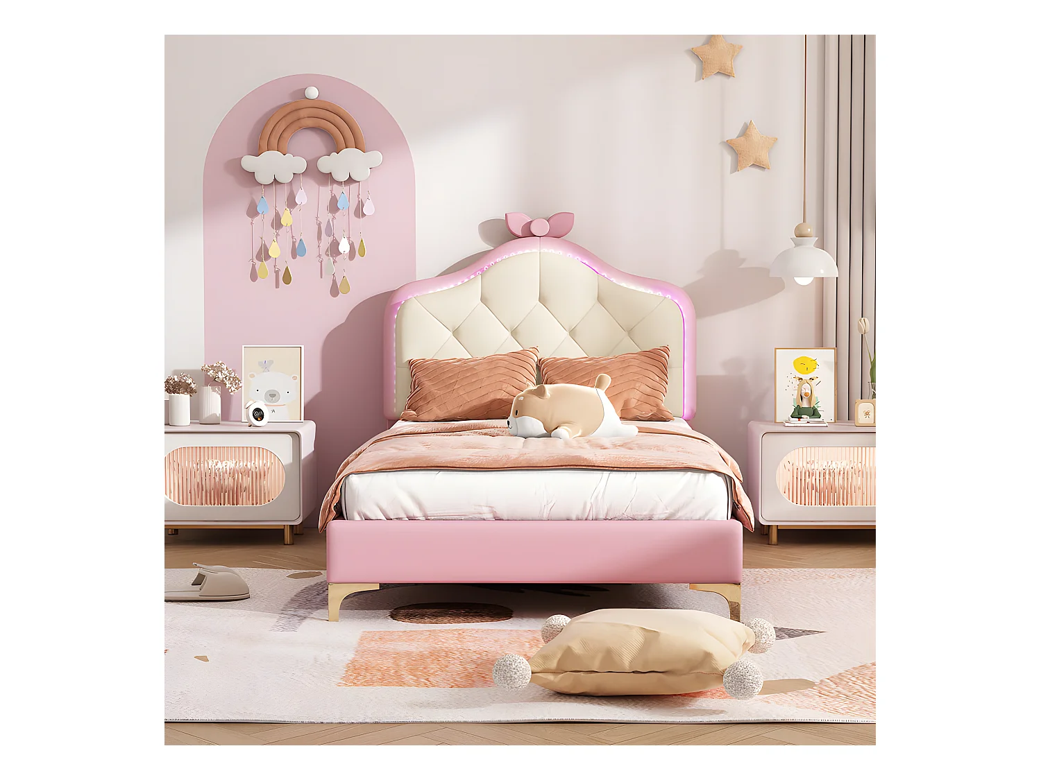 Lit enfant capitonné avec LED colorée et nœud sur la tête - en similicuir - 90x200cm - avec sommier à lattes - Rose