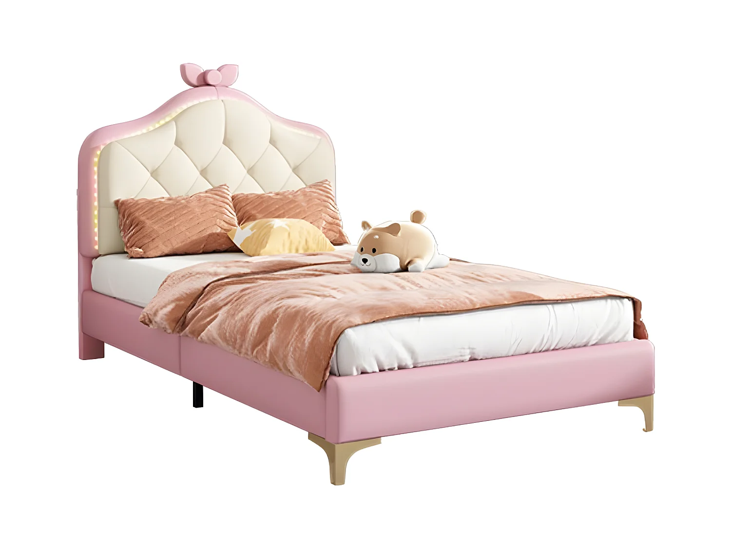 Lit enfant capitonné avec LED colorée et nœud sur la tête - en similicuir - 90x200cm - avec sommier à lattes - Rose