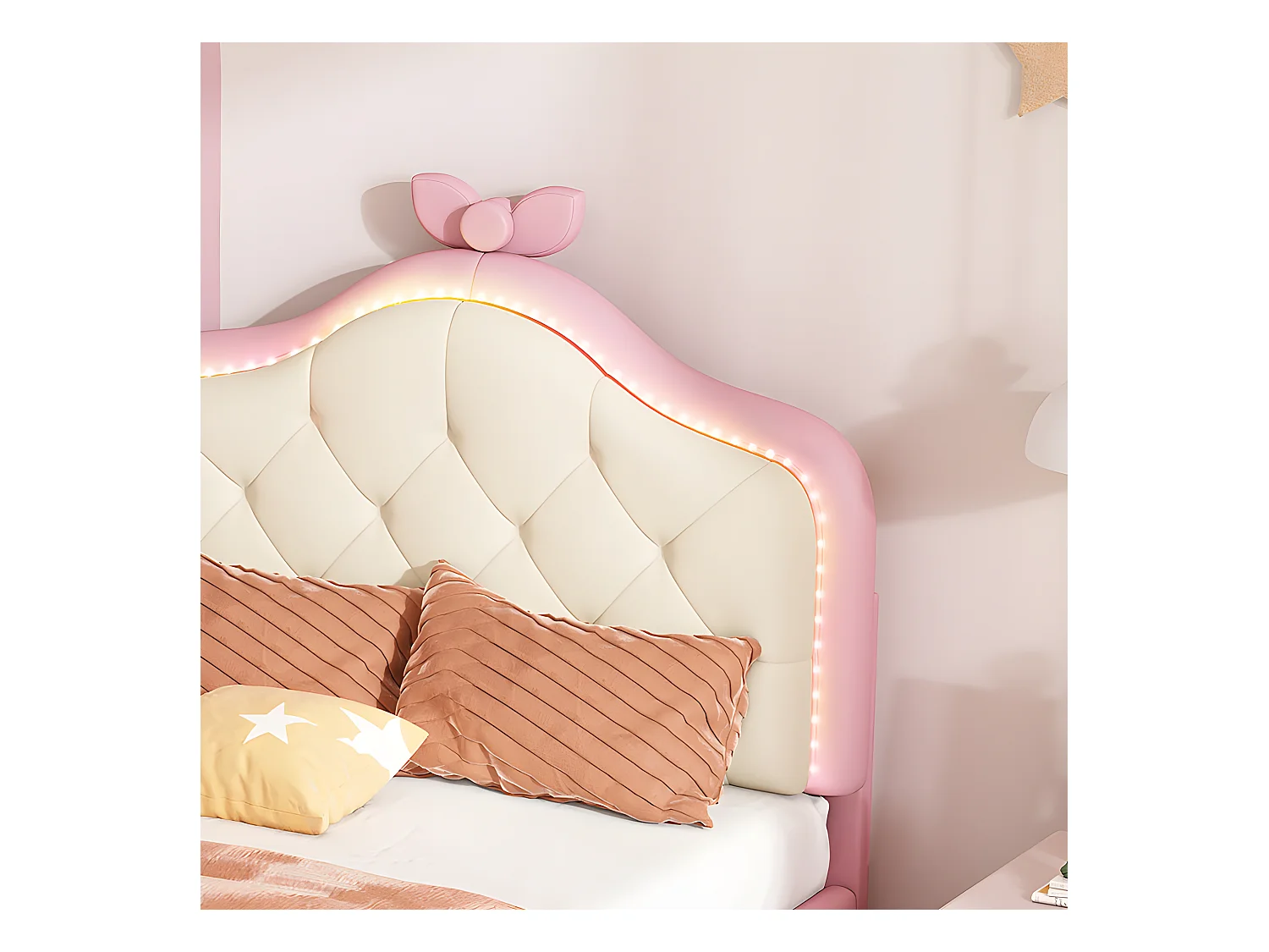 Lit enfant capitonné avec LED colorée et nœud sur la tête - en similicuir - 90x200cm - avec sommier à lattes - Rose