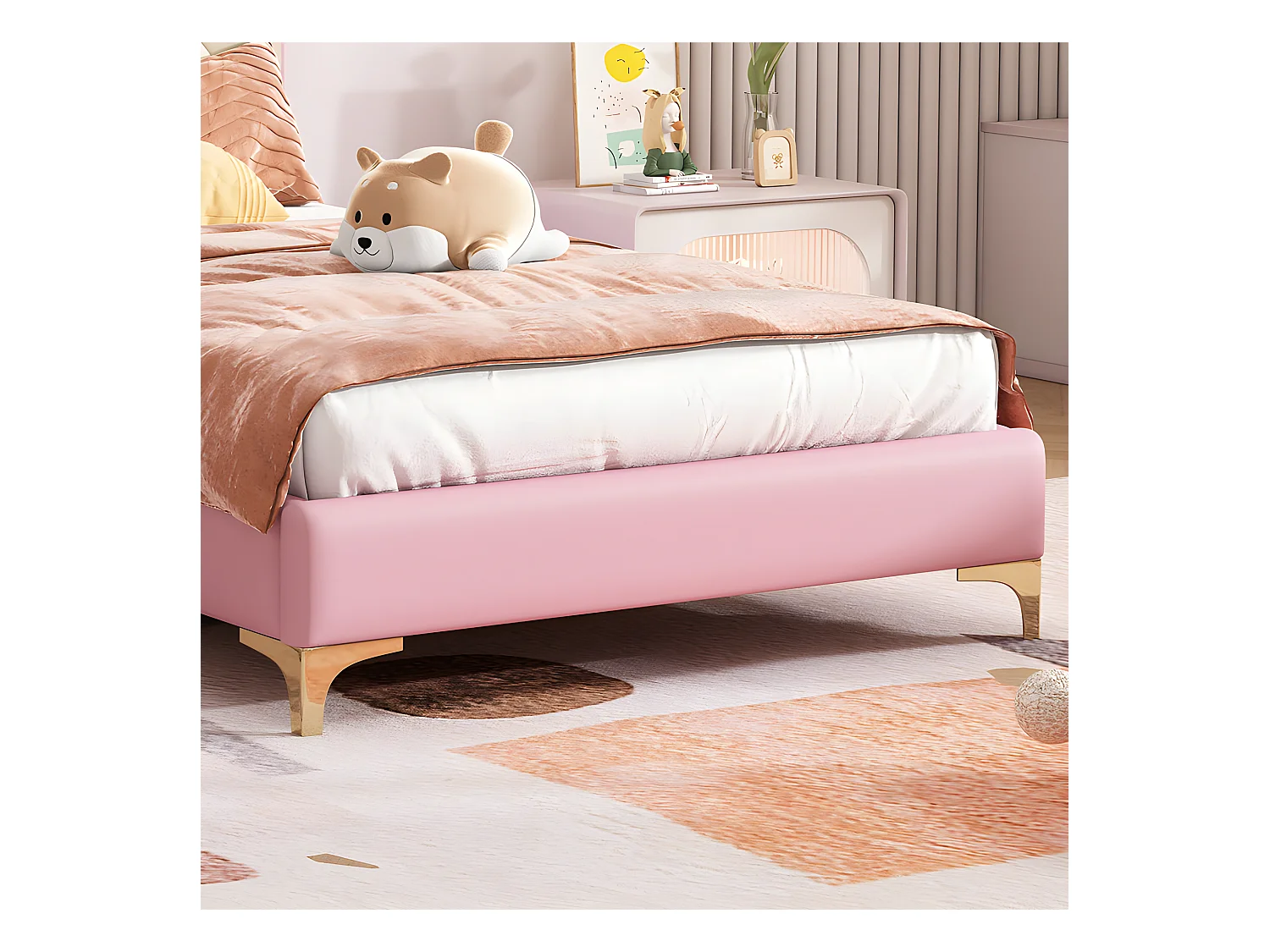 Lit enfant capitonné avec LED colorée et nœud sur la tête - en similicuir - 90x200cm - avec sommier à lattes - Rose