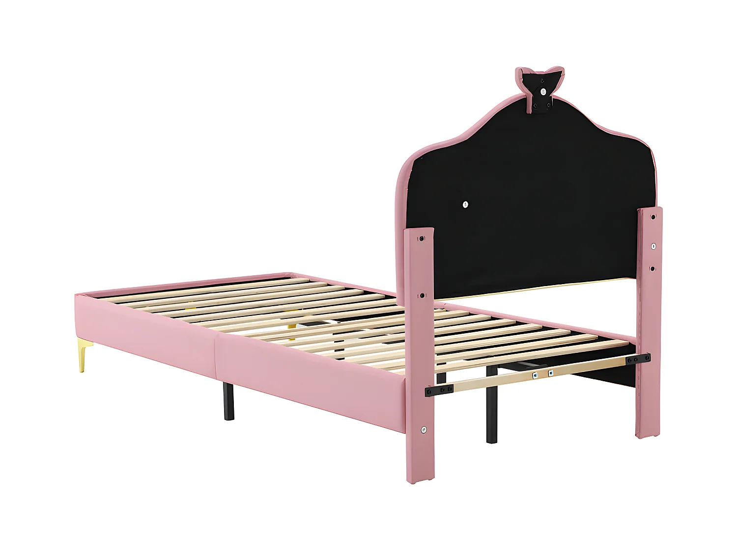 Lit enfant capitonné avec LED colorée et nœud sur la tête - en similicuir - 90x200cm - avec sommier à lattes - Rose
